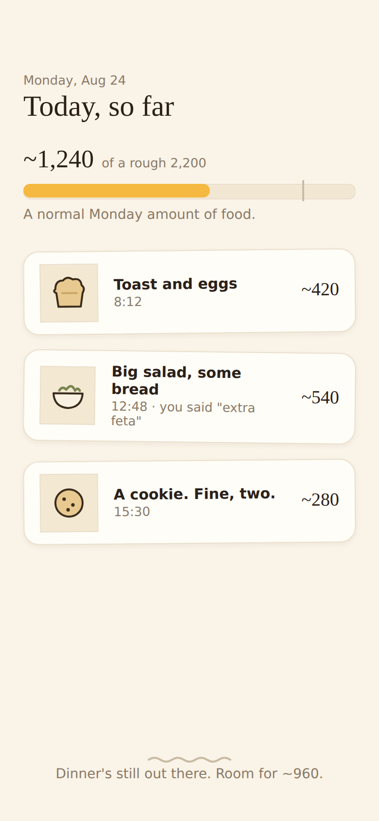 The Today view: one progress bar and the day's meals as tilted photo cards